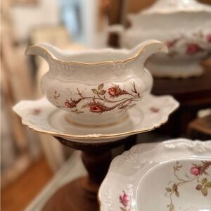 Vintage Elegant Floral White Gravy Boat with Saucer